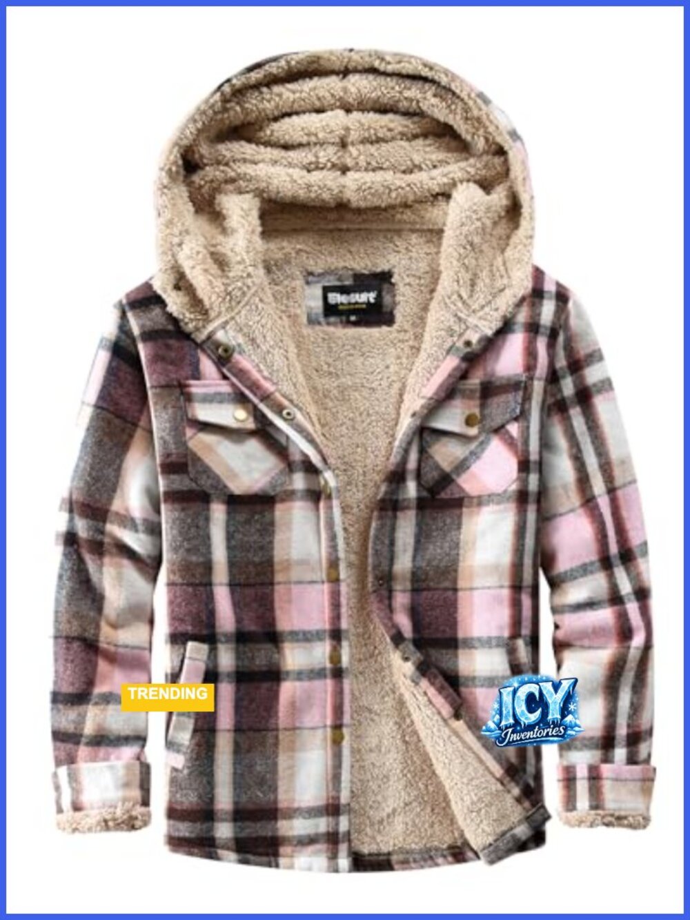 Women Fleece Flannel Jacket Plaid Sherpa Button Down Hooded Coat